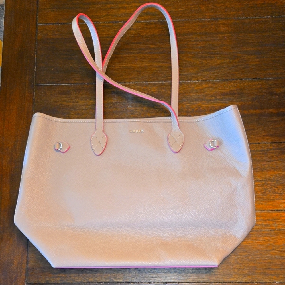 Lodis Leather Taupe And Pink Tote Bag